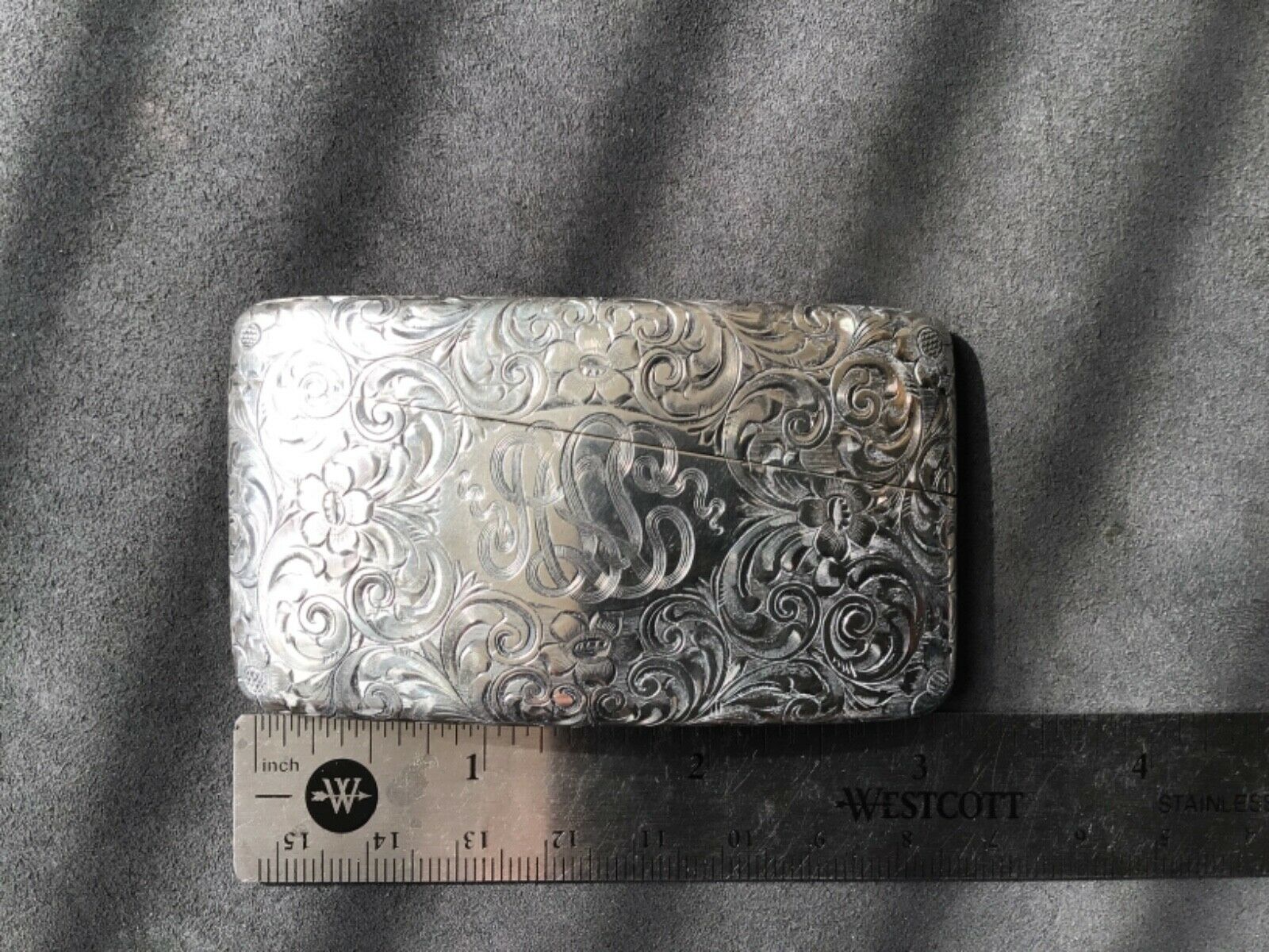 Antique Curved Sterling Silver Card Case, 3” Long By 1.5” Wide. Mint Condition.