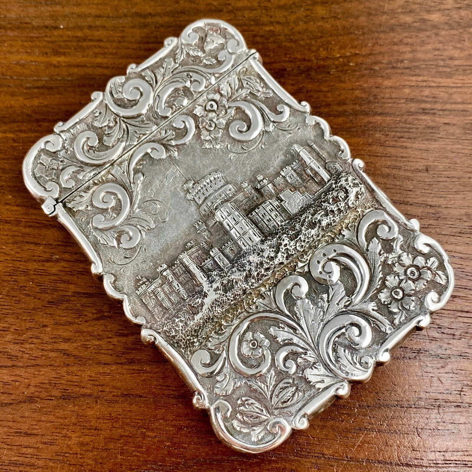 Nathaniel Mills Victorian Sterling Silver Card Case High Relief Windsor Castle